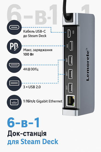 Док-станция 6-в-1 Lemorele для Steam Deck / Steam Deck OLED, HDMI 4K, Gigabit LAN, USB 2.0, зарядка 100W - изображение 7