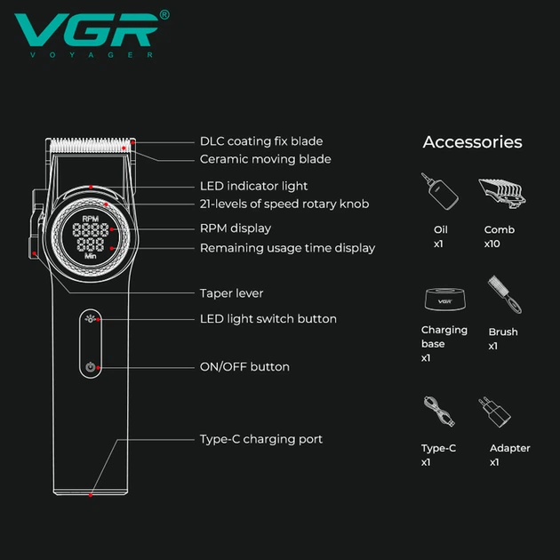 Аккумуляторная машинка для стрижки (clipper) VGR V-001, 10 насадок, 9000 RPM LED light, LED дисплей 4600 mAh - изображение 5