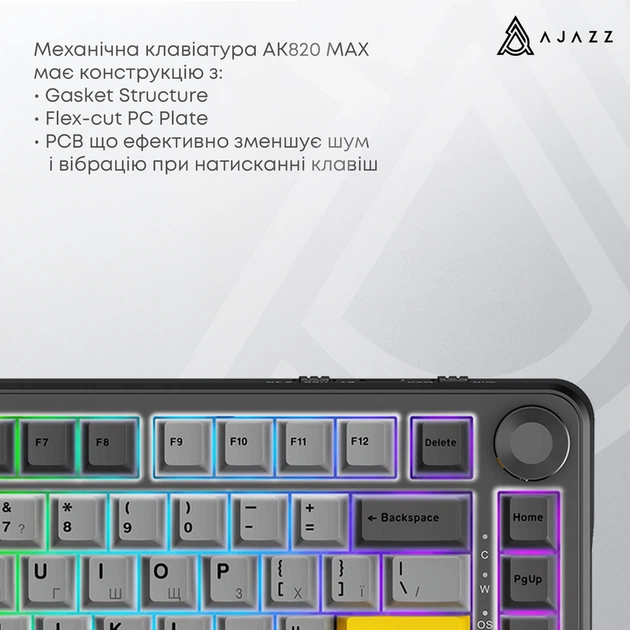 Ігрова дротова механічна клавіатура Ajazz AK820 MAX Magnetic switches-Black-Gray-Yellow-RGB - Фото 6 Ігрова дротова механічна клавіатура Ajazz AK820 MAX Magnetic switches-Black-Gray-Yellow-RGB - изображение 6