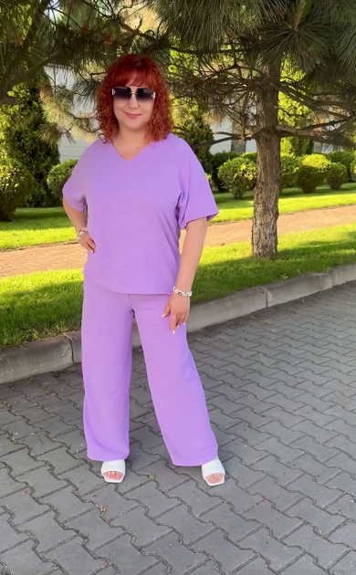 Літній брючний жіночий костюм великих розмірів з легкої тканини і широкими брюками 56/58, Бузковий - зображення 5
