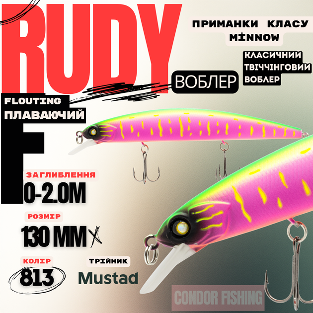 Воблер CONDOR FISHING Rudy 130F 130мм 2,0г 0-2,0м #813 (4634130_130_813) - Фото 1 Воблер CONDOR FISHING Rudy 130F 130мм 2,0г 0-2,0м #813 (4634130_130_813) - изображение 1