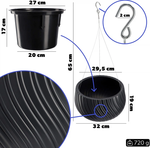 Горщик підвісний Kadax Rucas з вставкою 29 см Антрацитовий (K4198) - зображення 3