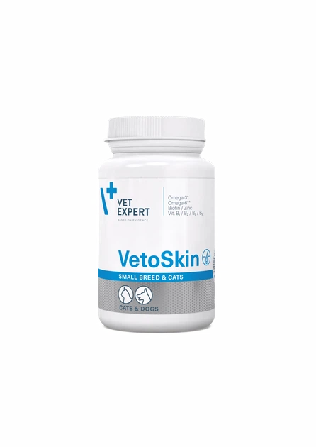 Vet Expert VetoSkin Small breed&cat Харчова добавка для підтримання здоров'я шкіри та якості шерсті у котів і собак малих порід, 60 капс - изображение 2