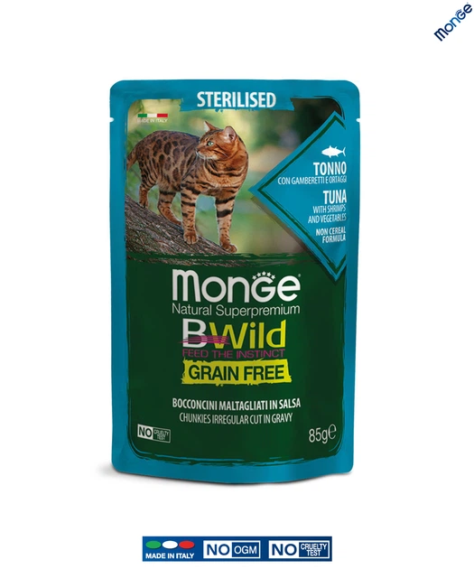 Беззерновой влажный корм Monge Cat Wet Bwild Grain Free Sterilised тунец с креветками и овощами 0.085 кг (012799) - Фото 2 Беззерновой влажный корм Monge Cat Wet Bwild Grain Free Sterilised тунец с креветками и овощами 0.085 кг (012799) - изображение 2