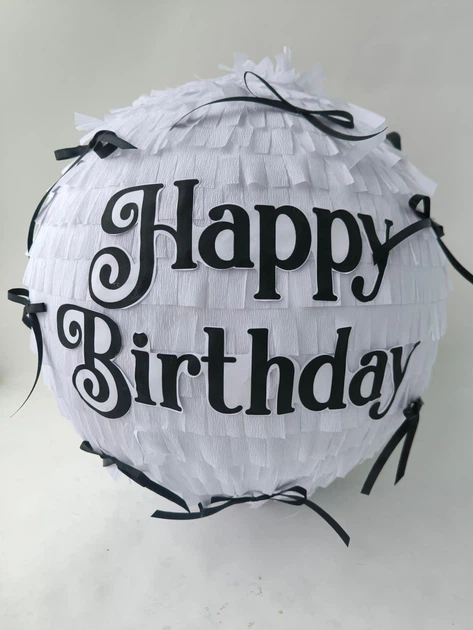Піньята Казковий світ Happy Birthday З Днем Народження біла з бантиками 110см - Фото 1 Піньята Казковий світ Happy Birthday З Днем Народження біла з бантиками 110см - зображення 1