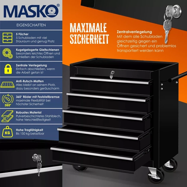 Инструментальная тележка Masko для мастерской 770 x 335 x 690 мм Металлический шкаф (5 ящиков) - изображение 3