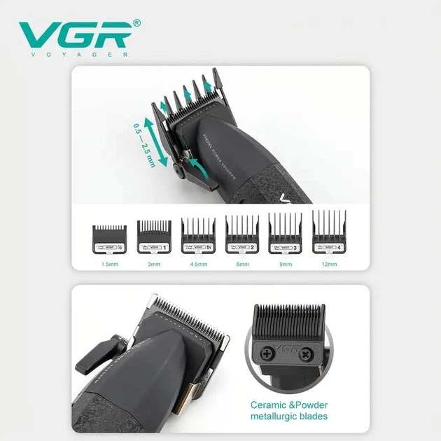Аккумуляторная машинка для стрижки VGR V-640C BLACK, 6 насадок, LED дисплей, 9000RPM - изображение 6