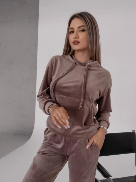 Женский велюровый костюм с капюшоном кофейного цвета 36413 42/44 - Фото 3 Женский велюровый костюм с капюшоном кофейного цвета 36413 42/44 - изображение 3