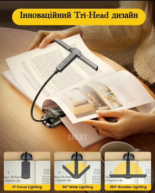 Інноваційна потрійна акумуляторна світлодіодна лампа Glocusent A23 для читання книг 27 LED Гнучка Clip ніжка з прищіпкою Black (2122408) - зображення 4