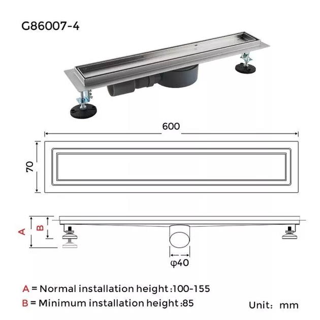 Трап для душу під плитку G86007-4, 70х600 мм, нержавіюча сталь GAPPO G86007-4 - зображення 9