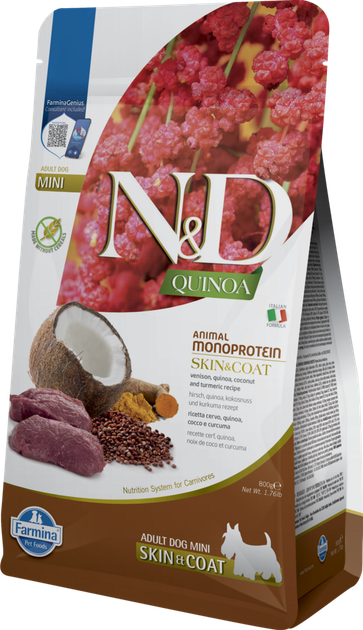 Сухий корм Farmina N&D Quinoa Dog Skin & Coat, Venison&Coconut Adult Mini Сухий корм з олениною та кокосом для дорослих собак малих порід 800 г (189141) - Фото 1 Сухий корм Farmina N&D Quinoa Dog Skin & Coat, Venison&Coconut Adult Mini Сухий корм з олениною та кокосом для дорослих собак малих порід 800 г (189141) - зображення 1
