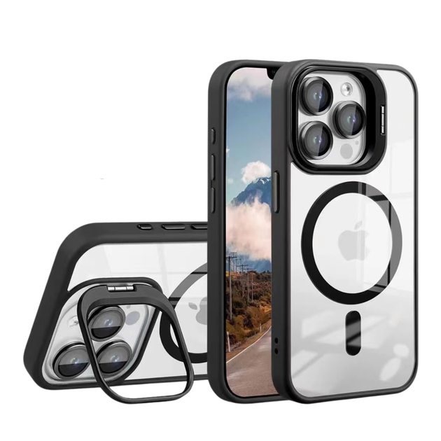Противоударный Чехол TPU+PC+Metal Stand Case with MagSafe and Camera Lenses для iPhone 12 Pro Max Black - Фото 2 Противоударный Чехол TPU+PC+Metal Stand Case with MagSafe and Camera Lenses для iPhone 12 Pro Max Black - изображение 2