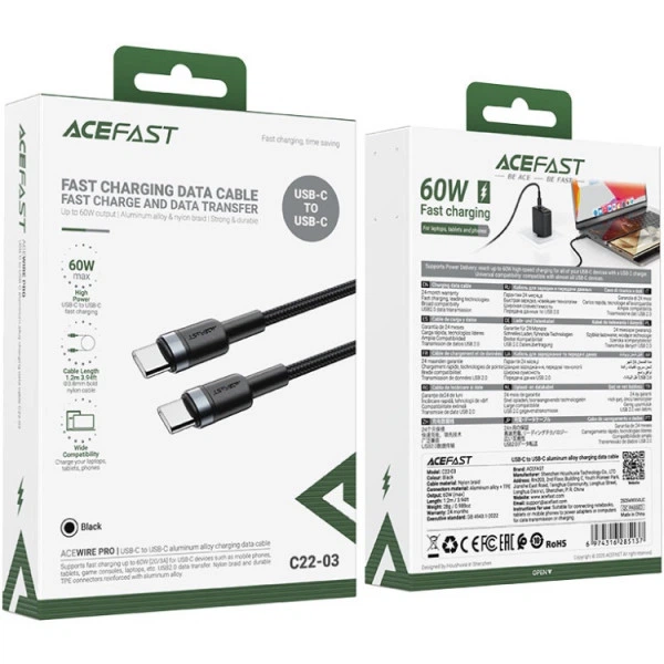 Кабель Acefast C22-03 Type-CM - Type-CM 1.2м USB 2.0 60W Aluminum Alloy Black (6974316285137) - изображение 4