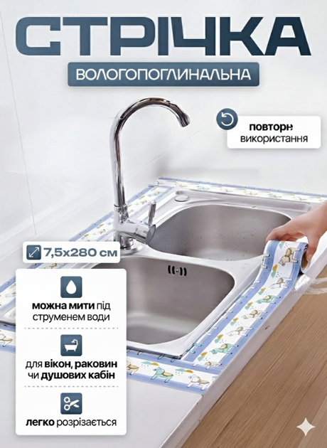 Гідроізоляційна стрічка для вікон самоклеюча вбирає вологу, що збирається на склі, блакитна 280 х 7.5 см - зображення 4
