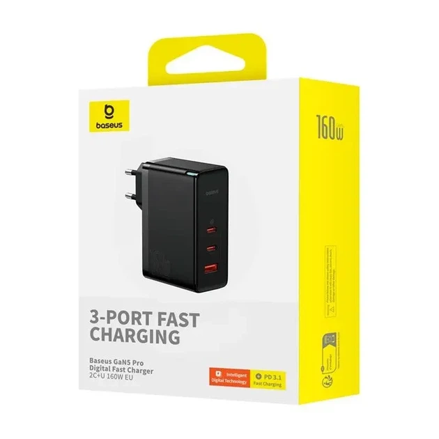 Сетевое зарядное устройство BASEUS GaN5 Pro 160W (2 Type-C + 1 USB) с кабелем - изображение 8