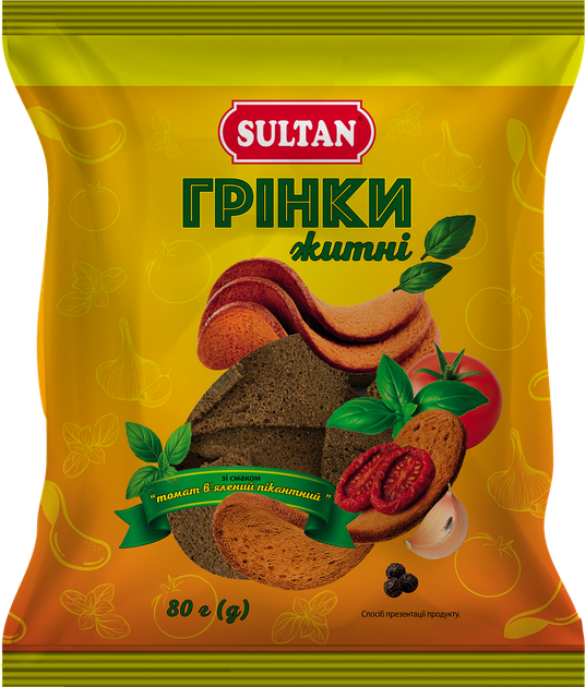 Гренки житні "в'ялені томати", 80г ТМ Sultan - Фото 1 Гренки житні "в'ялені томати", 80г ТМ Sultan - зображення 1