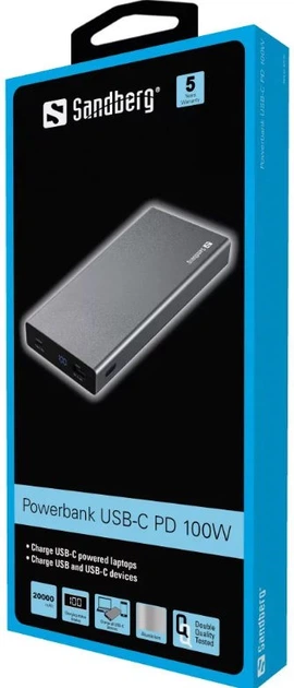 УМБ Sandberg 420-52 20000 mAh 100W Grey (5705730420528) - зображення 2
