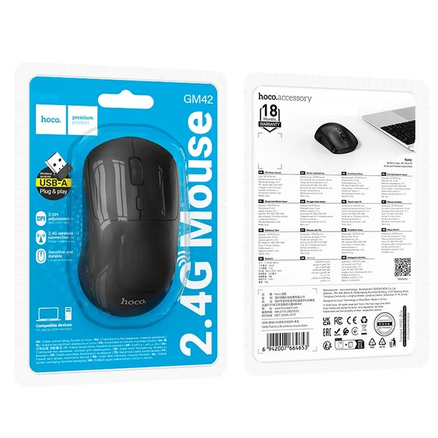 Мышь HOCO Platino wireless mouse GM42 |2.4G, 800/1200/1600 DPI| Black - Фото 4 Мышь HOCO Platino wireless mouse GM42 |2.4G, 800/1200/1600 DPI| Black - изображение 4