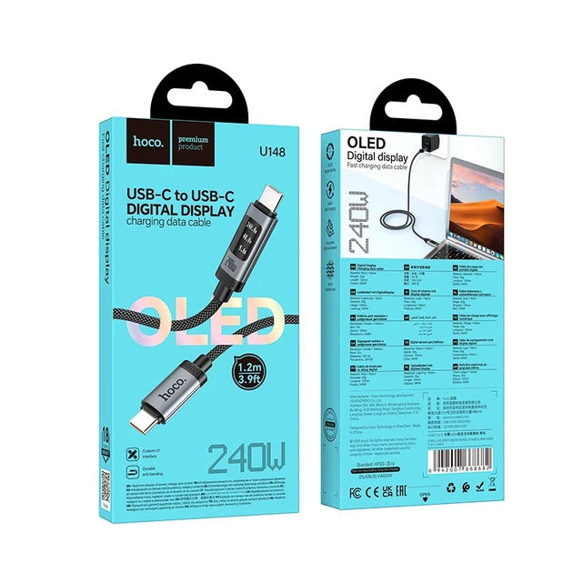 Кабель HOCO U148 Lord digital display charging data cable Type-C to Type-C 240W 5A 1.2m Black - Фото 9 Кабель HOCO U148 Lord digital display charging data cable Type-C to Type-C 240W 5A 1.2m Black - зображення 9