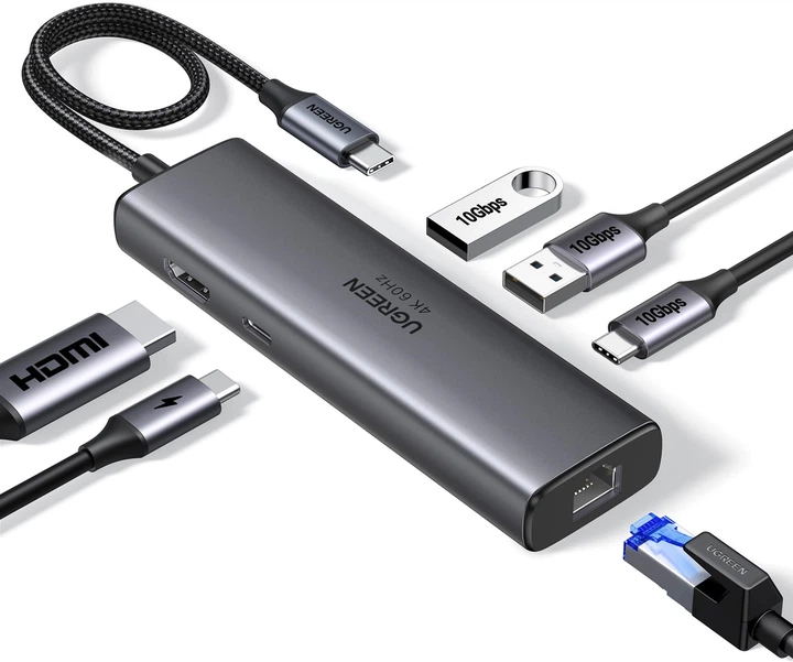 Hub USB Ugreen CM512 USB-C to HDMI+2xUSB 3.2+USB-C 3.2+RJ-45+PD Power Converter Gray (UGR-45000) - obraz 2
