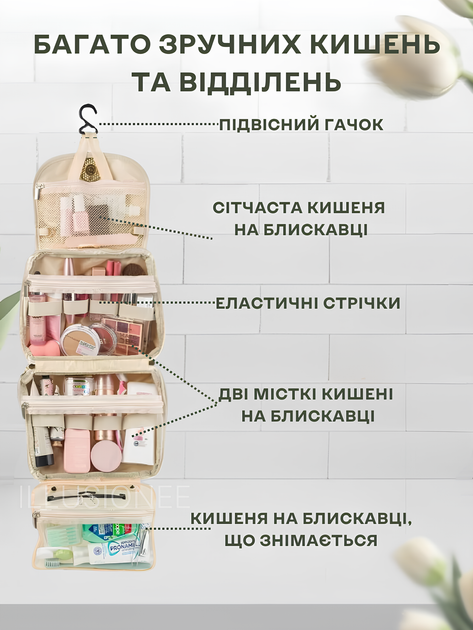 Косметичка органайзер дорожная travel сумка кейс в дорогу раскладная с ручкой для путешествий поездок хранения косметики бьюти аксессуаров туалетных принадлежностей лекарств средств ухода за лицом телом личних вещей 30×30×25 см бежевая 3DTOYSLAMP - изображение 7