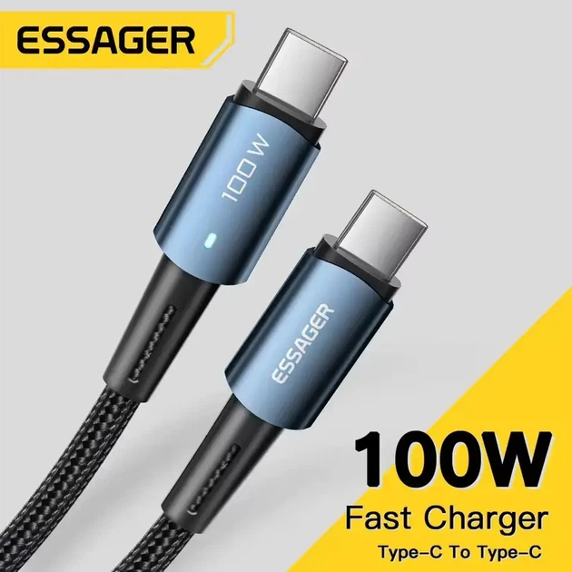 Кабель 1м Essager Type-C - Type-C PD 100W 20V 5A швидка зарядка для ноутбуків MacBook смартфонів PD3.0 QC4.0 - Фото 2 Кабель 1м Essager Type-C - Type-C PD 100W 20V 5A швидка зарядка для ноутбуків MacBook смартфонів PD3.0 QC4.0 - зображення 2