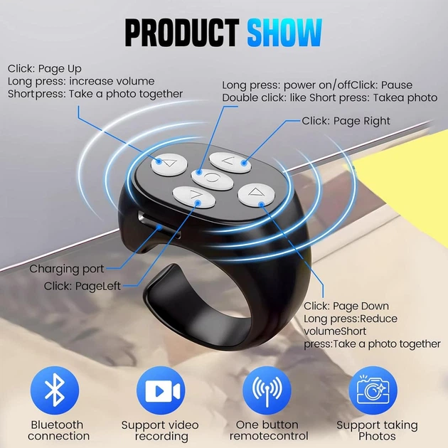 Bluetooth-кольцо для прокрутки TikTok/Reels и перелистывания книг (Page Turner), Черное - Фото 6 Bluetooth-кольцо для прокрутки TikTok/Reels и перелистывания книг (Page Turner), Черное - изображение 6