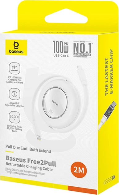 Kabel Baseus Free2Pull Mini 100W USB Type-C – USB Type-C 2 m White (6932172668631) - obraz 2