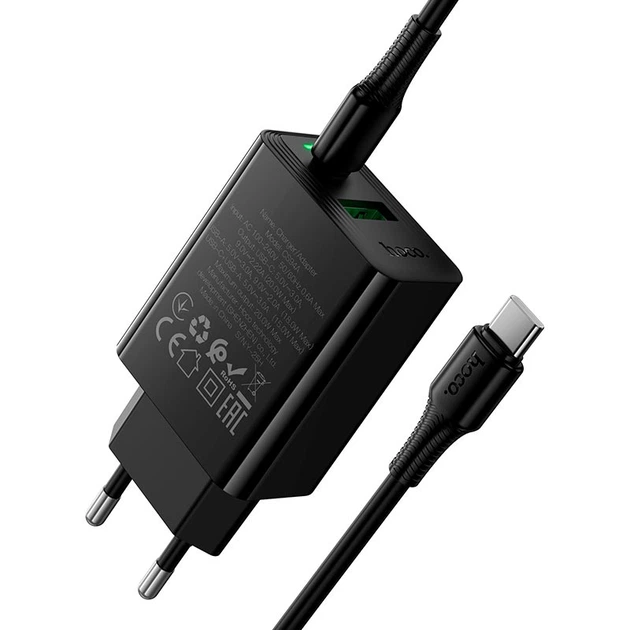Мережевий зарядний пристрій Hoco CS94A Black 20 Вт 1 x Type C 1 x USB A з кабелем Type C (24391) - зображення 3