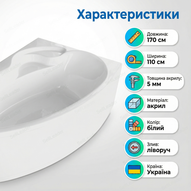 Ванна акриловая Karina R 170×110см угловая с сиденьем асимметричная компактная для дома квартиры панель и ножки - изображение 3