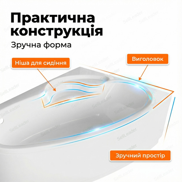 Ванна акриловая Karina R 170×110см угловая с сиденьем асимметричная компактная для дома квартиры панель и ножки - изображение 6