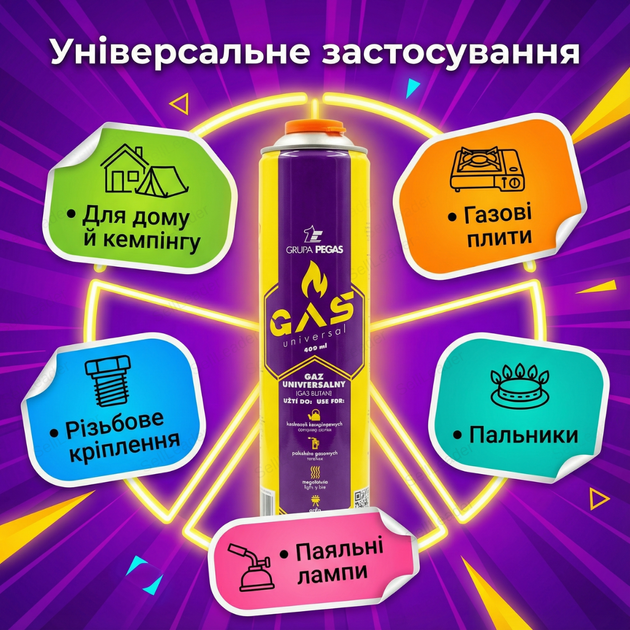 Балон газовий Pegas 600 мл 330 г для пальника картридж цанговий бутан пропан циліндр стальний одноразовий - зображення 2