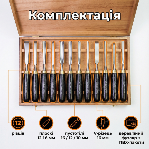 Набор стамесок Holzmann SCH12TLG 12 шт для дерева резцы 75 мм лезвие деревянные рукоятки долота с кейсом - Фото 9 Набор стамесок Holzmann SCH12TLG 12 шт для дерева резцы 75 мм лезвие деревянные рукоятки долота с кейсом - изображение 9