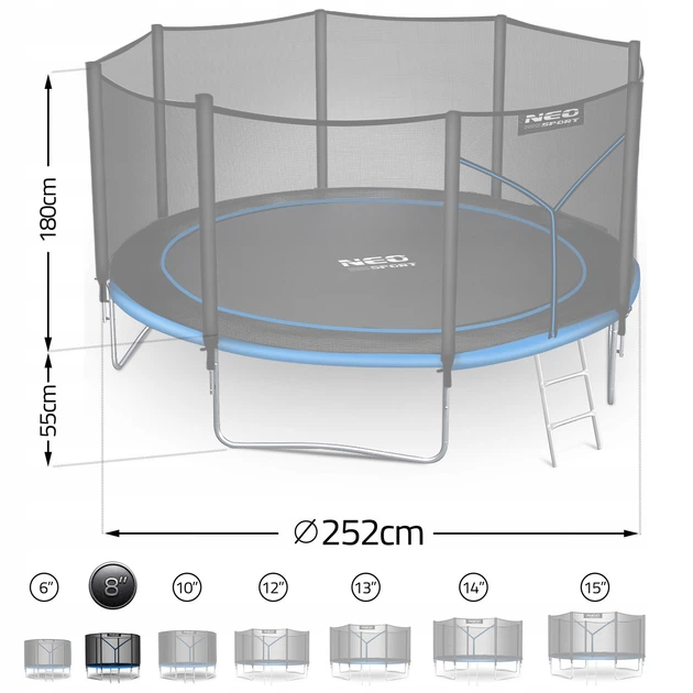 Trampolina ogrodowa Neo Sport NS-08Z221 z siatką wewnętrzną i drabinką 252 cm Niebieska (5903890625665) - obraz 2