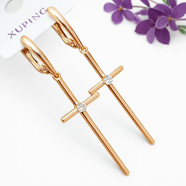 Сережки хрестики Xuping Jewelry довжина 5.7см медичне золото позолота 18К с1046 - Фото 1 Сережки хрестики Xuping Jewelry довжина 5.7см медичне золото позолота 18К с1046 - зображення 1