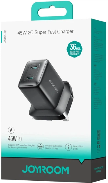 Ładowarka sieciowa JOYROOM JR-TCG17 45W 2 x- USB-C UK Black (6941237127365) - obraz 2