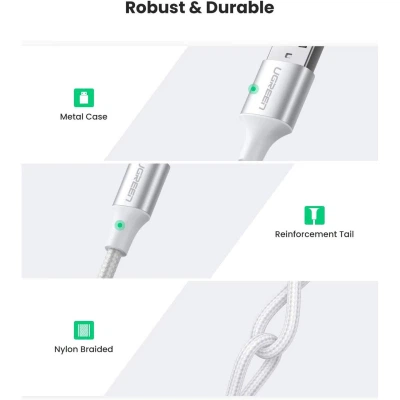Дата кабель USB 2.0 AM to USB-C 0.25m 3A braided US288 white Ugreen (60129) - Фото 3 Дата кабель USB 2.0 AM to USB-C 0.25m 3A braided US288 white Ugreen (60129) - зображення 3