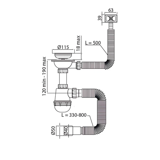 Сифон для кухні Mixxus SK-02-A 3 1/2"x40 з нержавіючою сіткою, гнучким прямокутним переливом (MI8194) ( 24626 ) - изображение 2