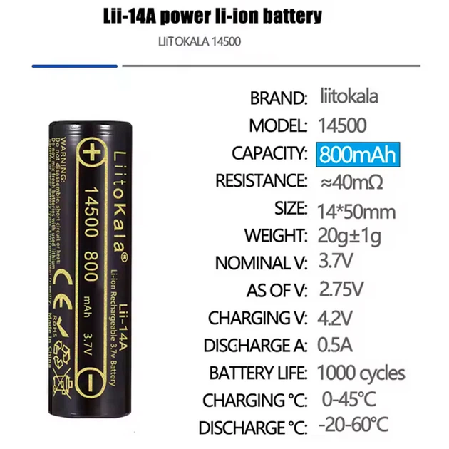 Акумулятор LiitoKala Li-ion 14500 800mAh, Lii-14A - Фото 3 Акумулятор LiitoKala Li-ion 14500 800mAh, Lii-14A - изображение 3