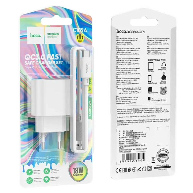 Зарядне Hoco C109A 1USB 3А QC3.0 18W кабель Type-C білий - изображение 7