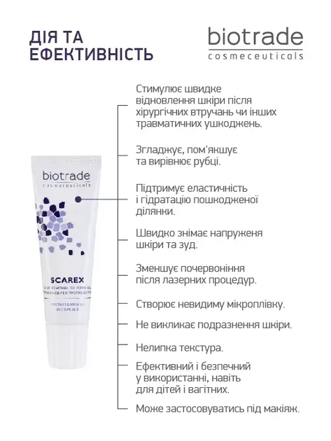 Силіконовий гель Biotrade (Біотрейд) Scarex Gel проти шрамів та рубців, з вітамінами B5 та E, 15 мл - изображение 3