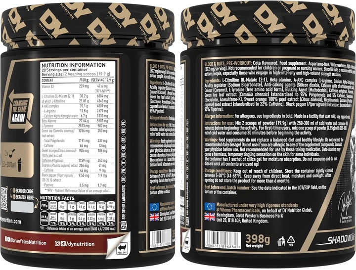 Передтренувальний комплекс DORIAN YATES NUTRITION BLOOD & GUTS 398 G (COLA) - зображення 2