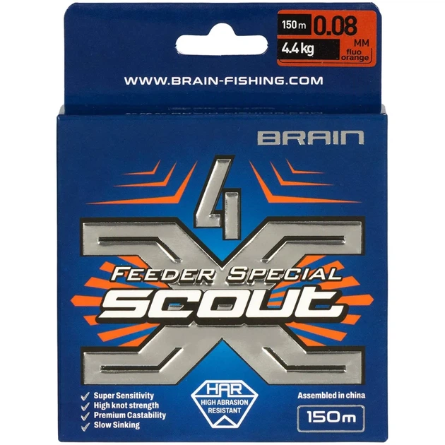 Шнур Brain Scout 4X 150m (fluoro Orange) 0.080mm 4.4kg - изображение 2