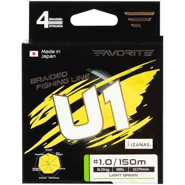 Шнур Favorite U1 PE 4x 150m (light green) #0.8/0.153mm 10lb/4.8kg - Фото 2 Шнур Favorite U1 PE 4x 150m (light green) #0.8/0.153mm 10lb/4.8kg - изображение 2