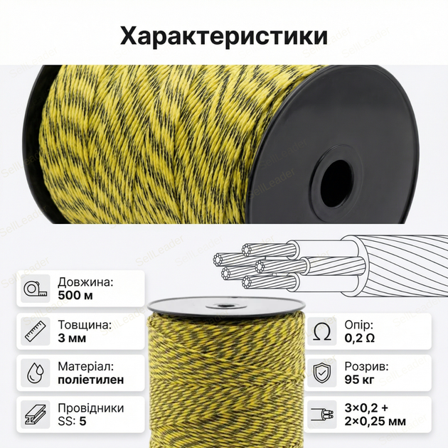 Шнур для електропастуха 500м 5 проводников забор для коров лошадей овец веревка 3мм/3×0.2мм и 2×0,25мм 95 кг - изображение 3