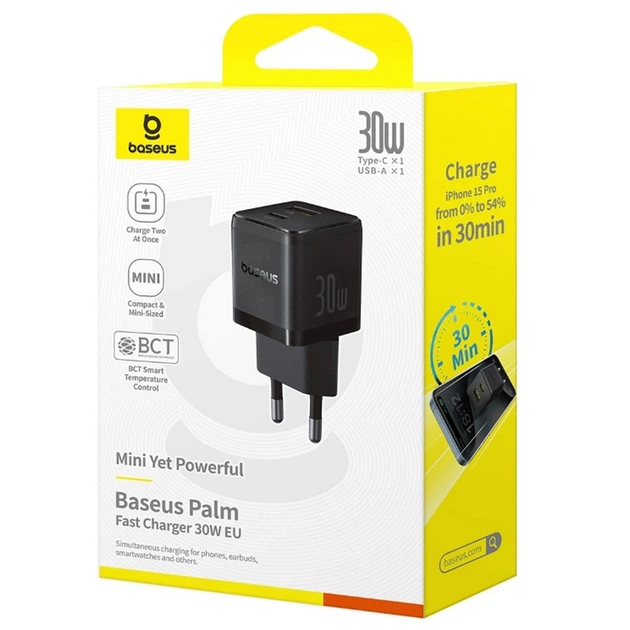 Сетевое зарядное устройство Baseus Palm Fast Charger 30W (1USB-A/1C) (P1011160A) (Cluster Black) (245643) - Фото 6 Сетевое зарядное устройство Baseus Palm Fast Charger 30W (1USB-A/1C) (P1011160A) (Cluster Black) (245643) - изображение 6