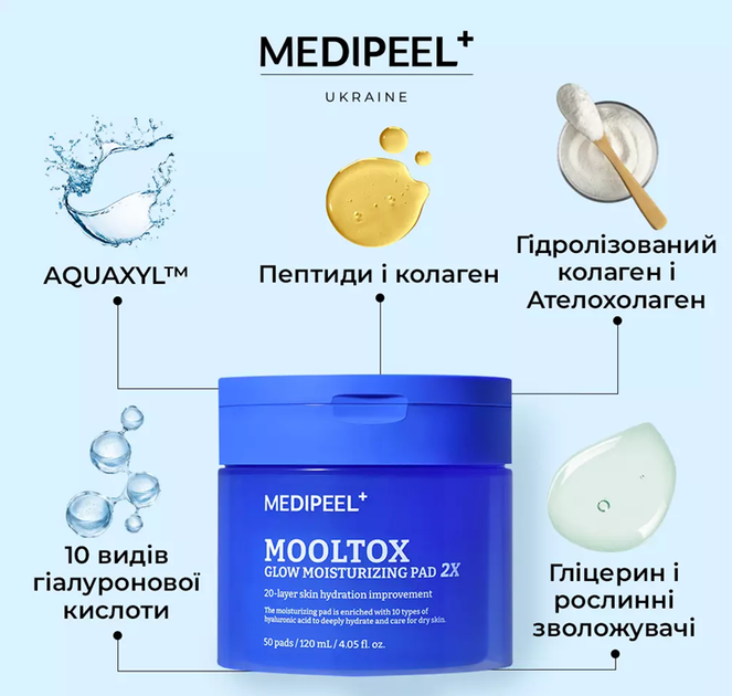 Увлажняющие пады для лица Medi-Peel Mooltox Glow Moisturizing Pad 2x, 50 шт - изображение 3