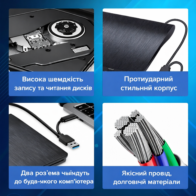 Привод CD DVD внешний USB Type-C USB-A хаб с кардридером microSD SD для ноутбука ПК компьютера чтение запись дисков портативный дисковод для фильмов музыки приложений для дома (101220) - изображение 3