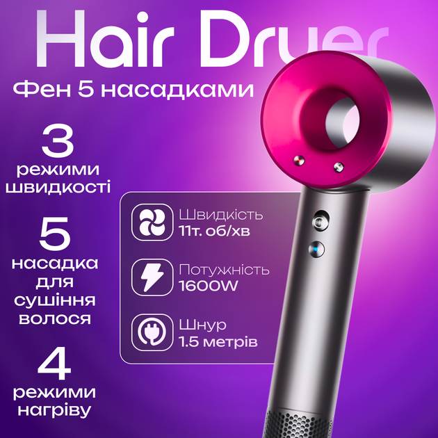 Профессиональный фен Super Hair Dryer 5 в 1 с защитой волос различными насадками с ионизацией любого типа волос сушка волос розовый - Фото 1 Профессиональный фен Super Hair Dryer 5 в 1 с защитой волос различными насадками с ионизацией любого типа волос сушка волос розовый - изображение 1