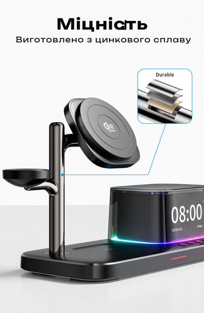 Быстрая беспроводная зарядка Магнитная Док-станция 45W Magsafe Apple Watch iPhone 16/17/18 Airpods Qi2.2 25W для часов наушников Bluetooth колонка Часы ночник - изображение 3